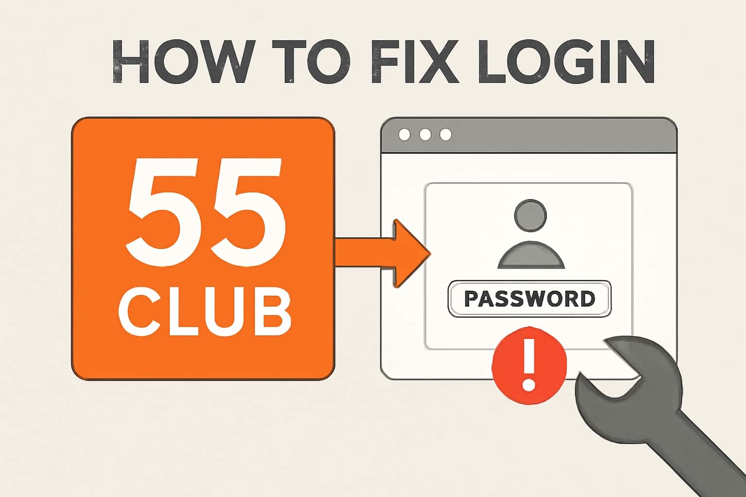 Informational graphic depicting troubleshooting steps for fixing login issues in the 55 Club app.