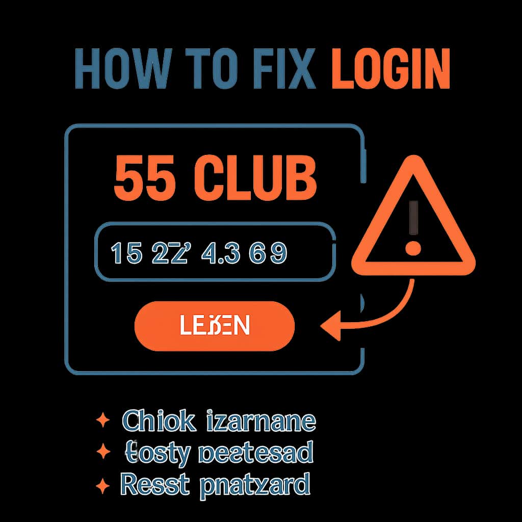 Illustration detailing the troubleshooting steps for 55 Club login problems.